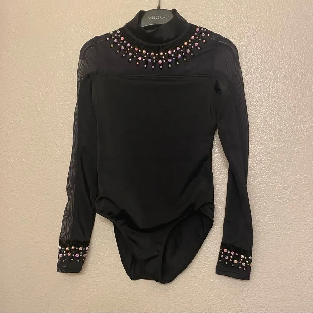 Weissman solo custom dance costume black Flocked Mock Neck Leotard MT11221 LC